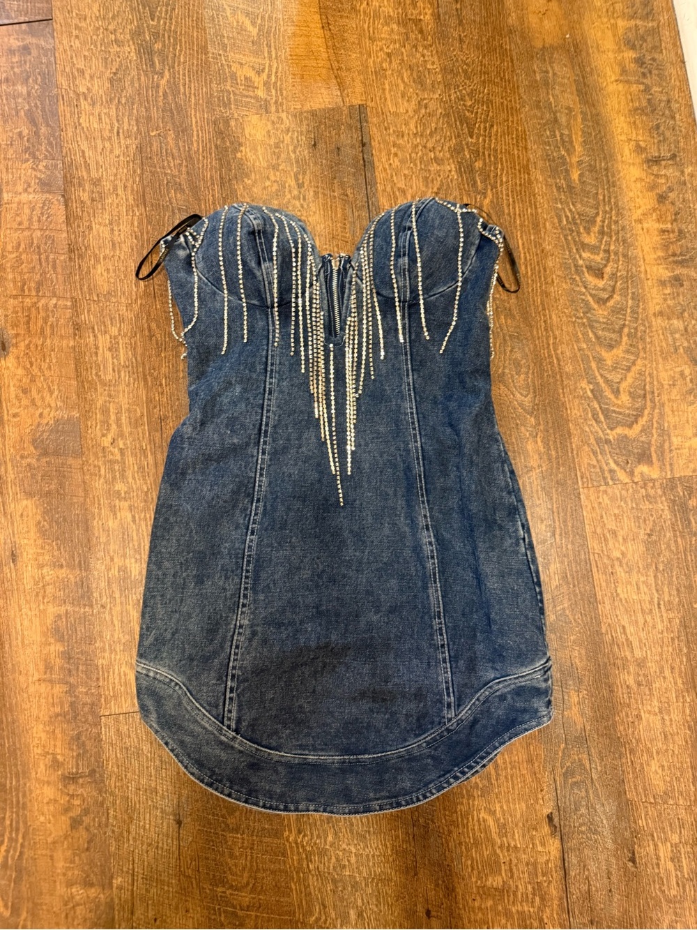 ARINEE Rhinestone Fringe Denim Mini Dress Small Corset Bustier Western Y2K